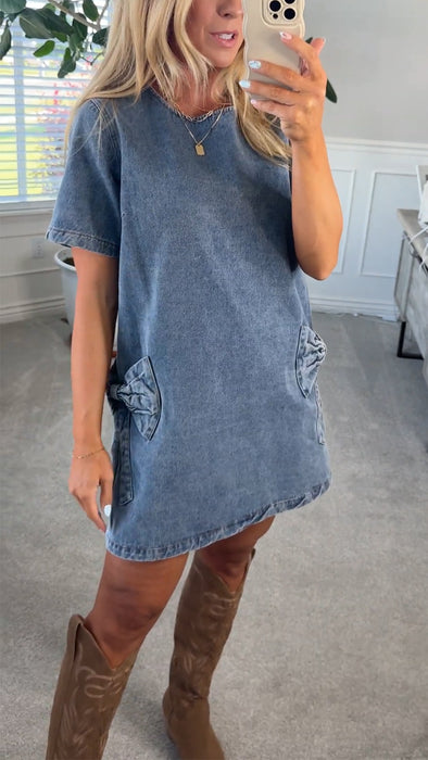 Womens Round Neck Bow Pocket Casual Denim Dress