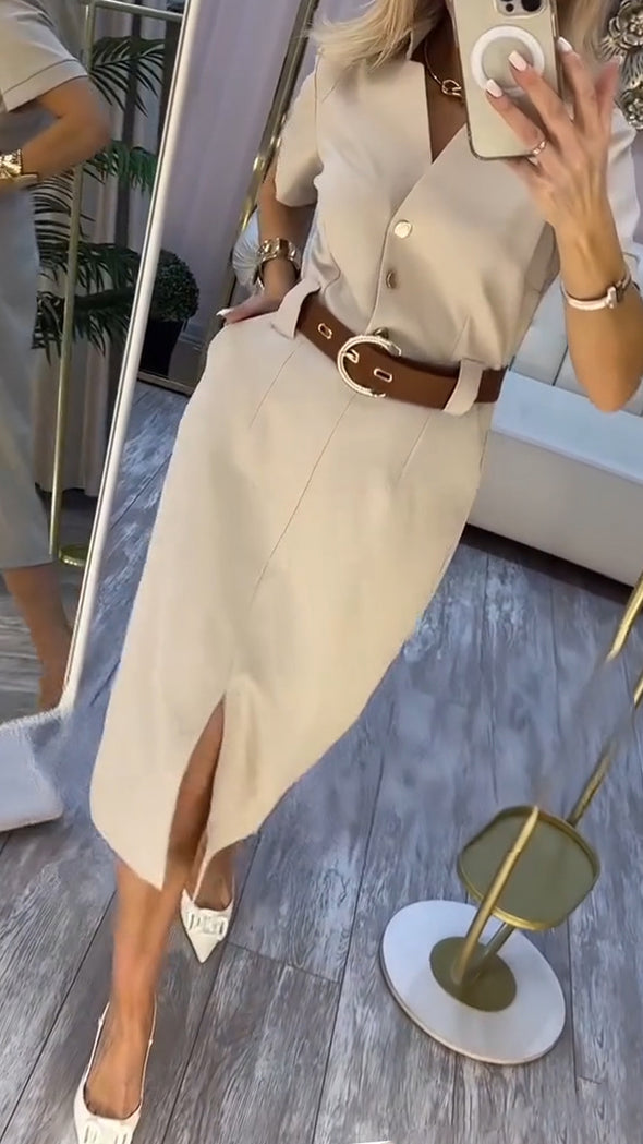 Womens Lapel Slit Temperament Casual Dress