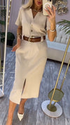Womens Lapel Slit Temperament Casual Dress