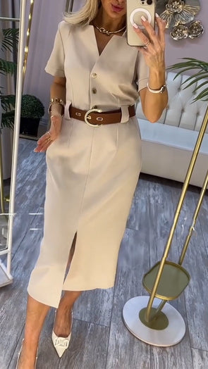 Womens Lapel Slit Temperament Casual Dress