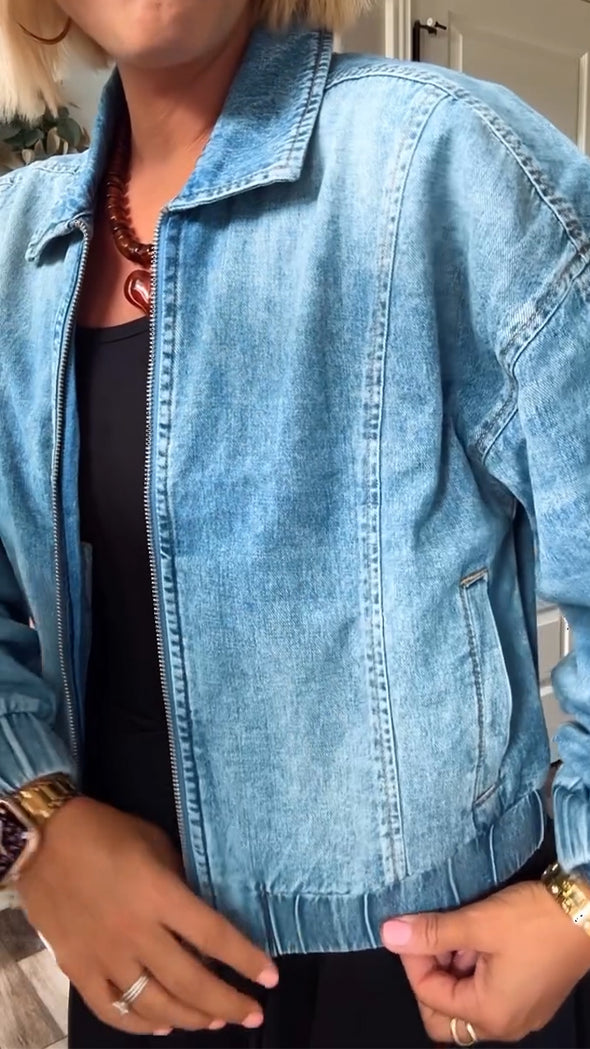 Ladies Collar Wash Water Spliced Casual Denim Jacket