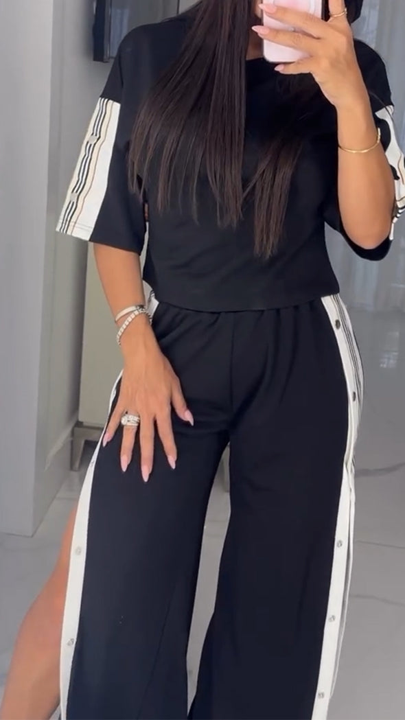 Ladies Round Neck Spliced Top+ Breasted Split Pants Casual Set