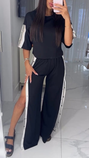 Ladies Round Neck Spliced Top+ Breasted Split Pants Casual Set