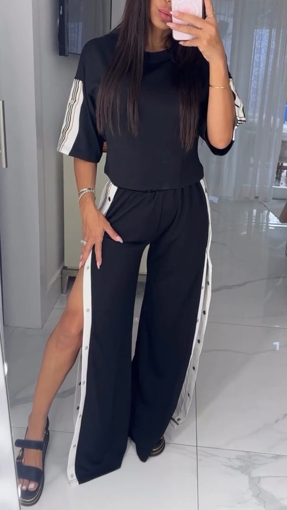 Ladies Round Neck Spliced Top+ Breasted Split Pants Casual Set