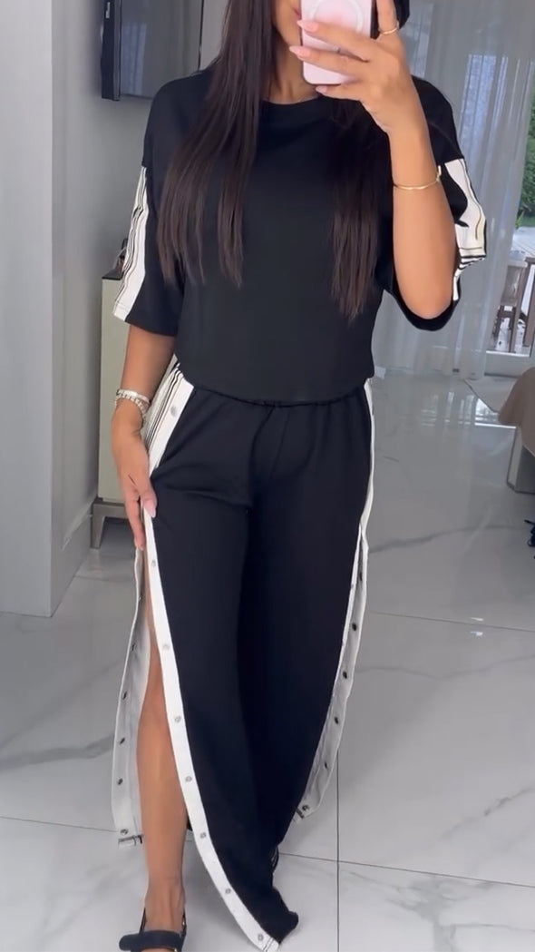 Ladies Round Neck Spliced Top+ Breasted Split Pants Casual Set