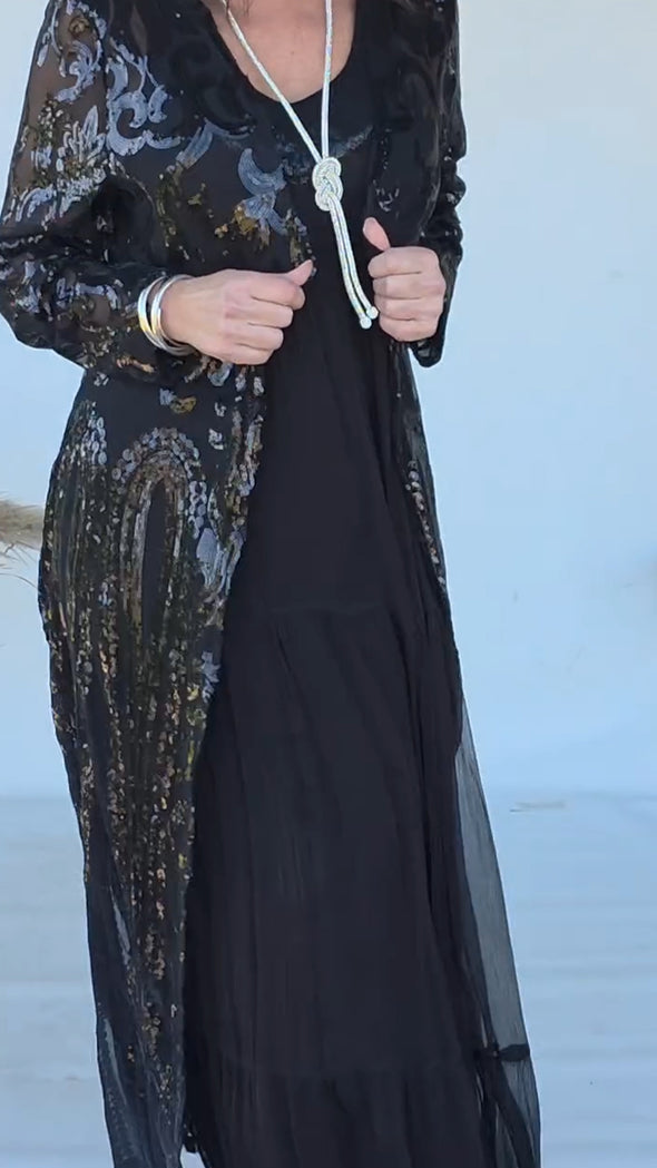 Ladies U-neck Dress+ Printed Cardigan Casual Set