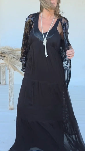 Ladies U-neck Dress+ Printed Cardigan Casual Set
