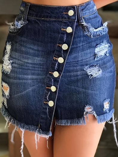 Women Breasted Tassel Scratch Casual Denim Skirt