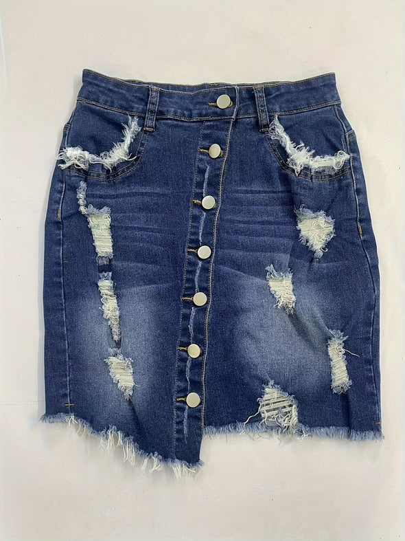 Women Breasted Tassel Scratch Casual Denim Skirt