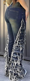 Ladies Patchwork Fringe Washed Casual Jeans
