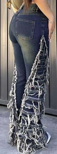 Ladies Patchwork Fringe Washed Casual Jeans