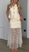 Women V-neck Top + Spliced Printed Mesh Skirt Elegant Casual Set