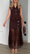 Women V-neck Top + Spliced Printed Mesh Skirt Elegant Casual Set