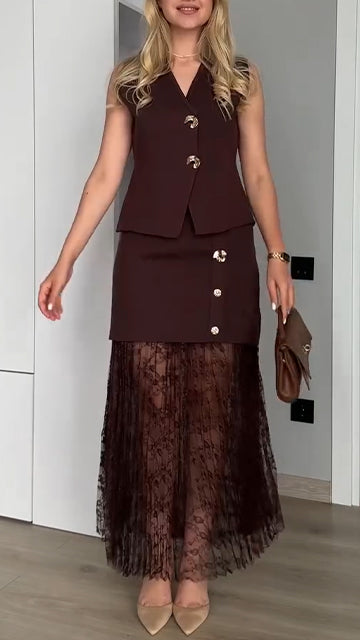 Women V-neck Top + Spliced Printed Mesh Skirt Elegant Casual Set