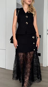 Women V-neck Top + Spliced Printed Mesh Skirt Elegant Casual Set