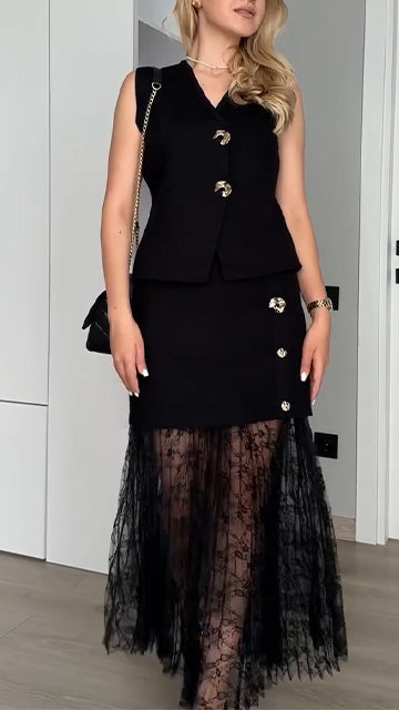 Women V-neck Top + Spliced Printed Mesh Skirt Elegant Casual Set