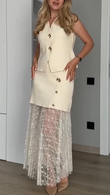 Women V-neck Top + Spliced Printed Mesh Skirt Elegant Casual Set