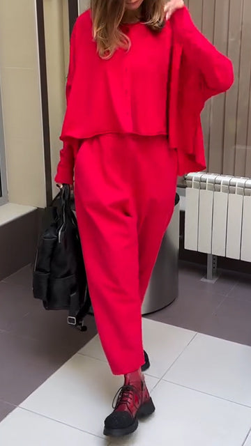 Women Round Neck Solid Color Loose Casual Suit