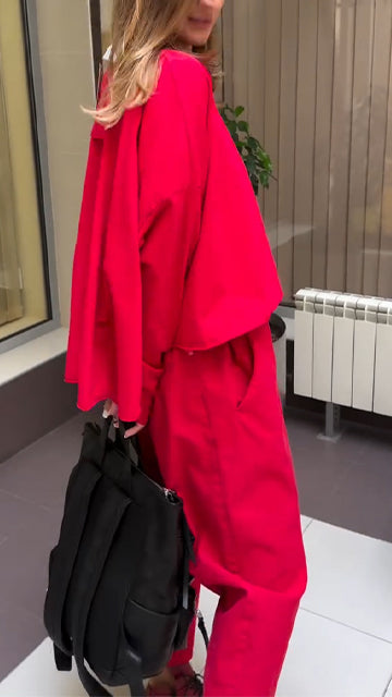 Women Round Neck Solid Color Loose Casual Suit