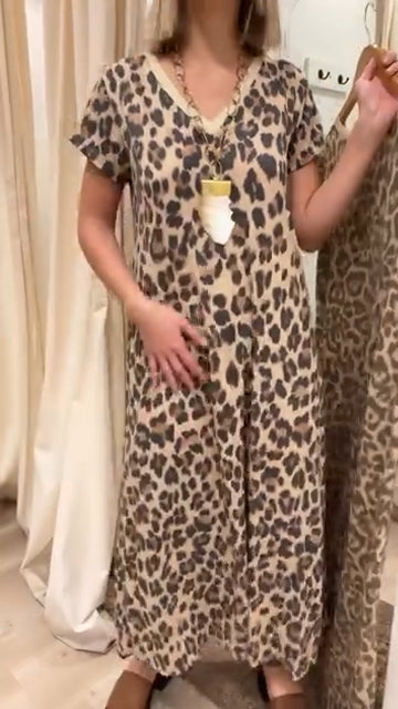 Women V-neck Leopard Print Loose Casual Dress