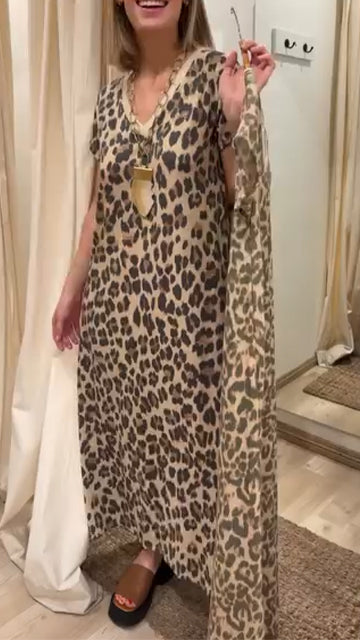 Women V-neck Leopard Print Loose Casual Dress