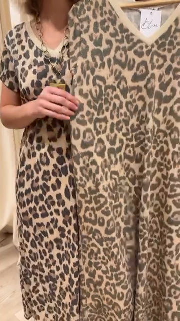 Women V-neck Leopard Print Loose Casual Dress