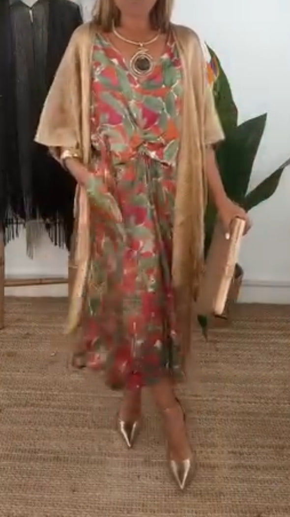 Women V-neck Pleated Printed Dress + Spliced Tassel Cardigan Casual Suit