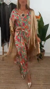 Women V-neck Pleated Printed Dress + Spliced Tassel Cardigan Casual Suit
