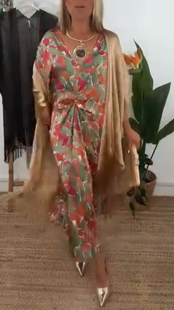 Women V-neck Pleated Printed Dress + Spliced Tassel Cardigan Casual Suit