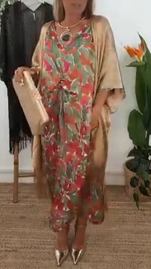 Women V-neck Pleated Printed Dress + Spliced Tassel Cardigan Casual Suit