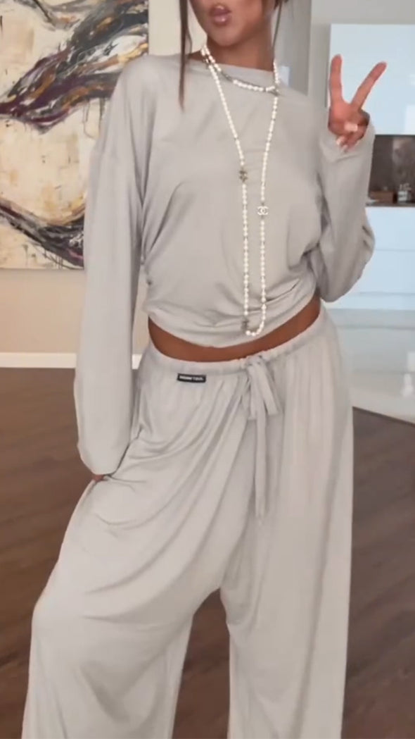Women Round Neck Top + Drawstring Pants Casual Suit