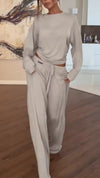 Women Round Neck Top + Drawstring Pants Casual Suit