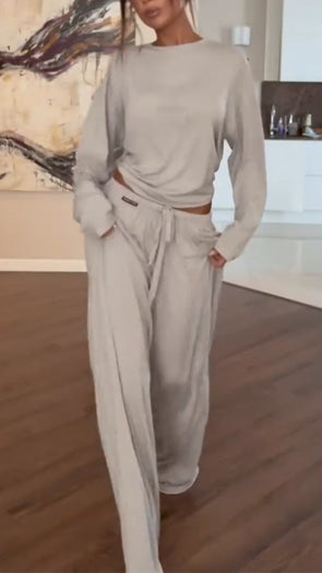 Women Round Neck Top + Drawstring Pants Casual Suit