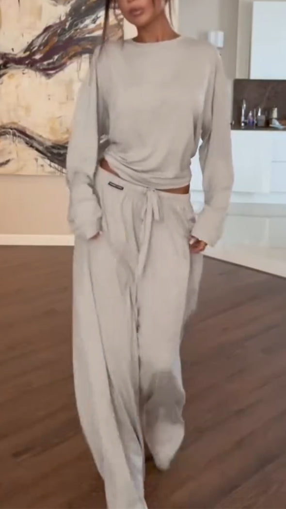 Women Round Neck Top + Drawstring Pants Casual Suit