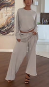 Women Round Neck Top + Drawstring Pants Casual Suit