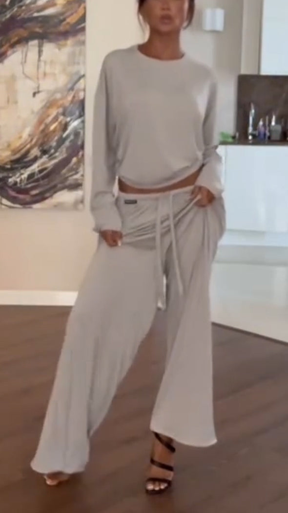 Women Round Neck Top + Drawstring Pants Casual Suit