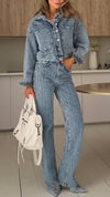 Womens Lapel Jacket + Pants Casual Denim Set
