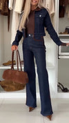 Women Lapel Splicing Denim Casual Suit