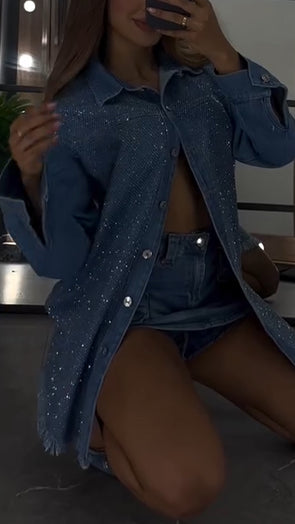 Womens Lapel Hot Diamond Tassel Casual Denim Jacket