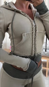Women Round Neck Hooded Zipper Top + Pants Splicing Slim Fit Casual Suit
