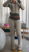 Women Round Neck Hooded Zipper Top + Pants Splicing Slim Fit Casual Suit
