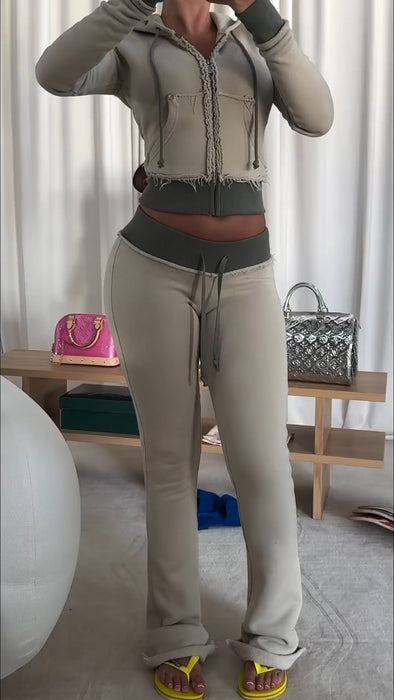 Women Round Neck Hooded Zipper Top + Pants Splicing Slim Fit Casual Suit