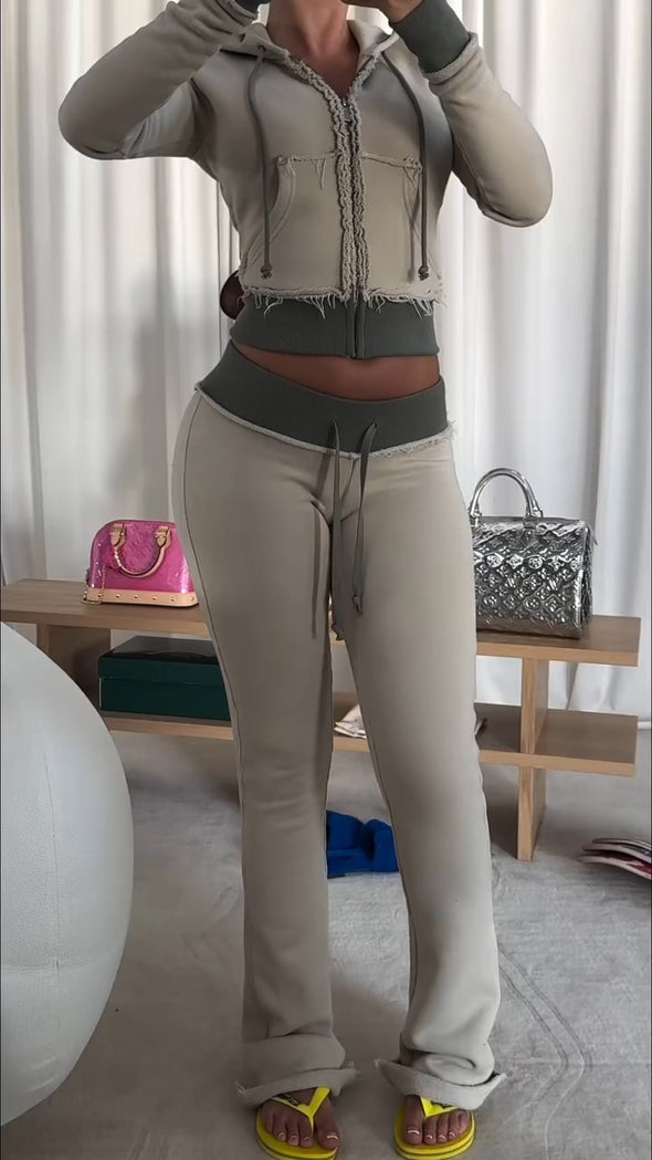 Women Round Neck Hooded Zipper Top + Pants Splicing Slim Fit Casual Suit