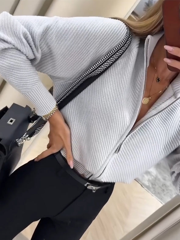 Womens Round Neck Knitted Zipper Casual Coat