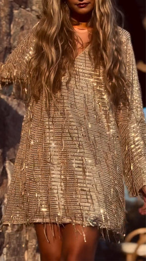 Women V-neck Tassel Loose Casual Dress