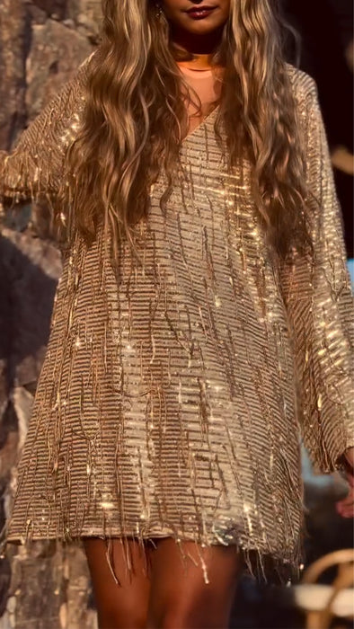 Women V-neck Tassel Loose Casual Dress
