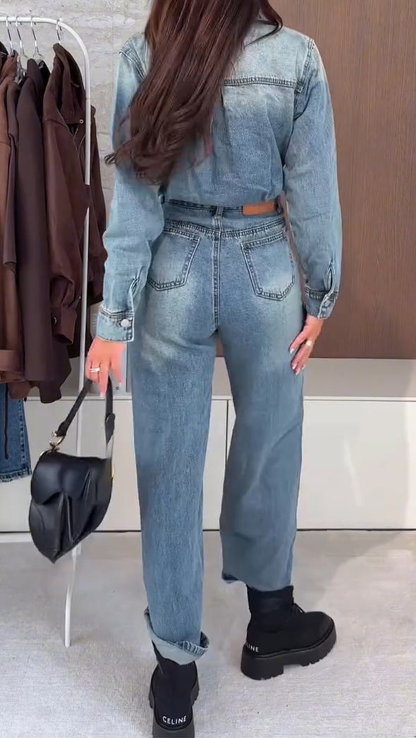 Women Lapel Splicing Wash Water Casual Jumpsuit