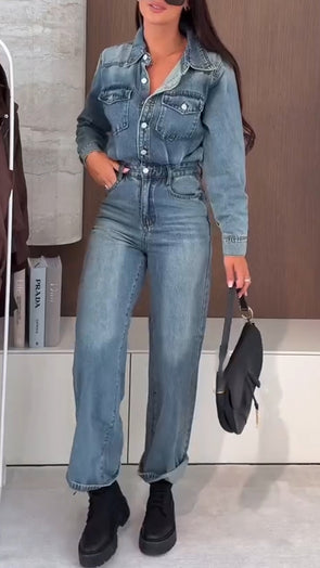 Women Lapel Splicing Wash Water Casual Jumpsuit