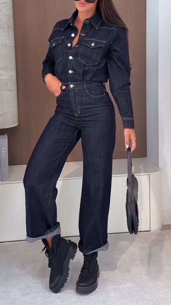 Women Lapel Splicing Wash Water Casual Jumpsuit