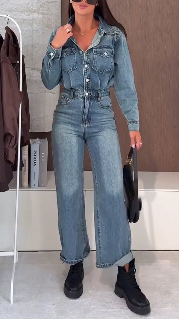 Women Lapel Splicing Wash Water Casual Jumpsuit